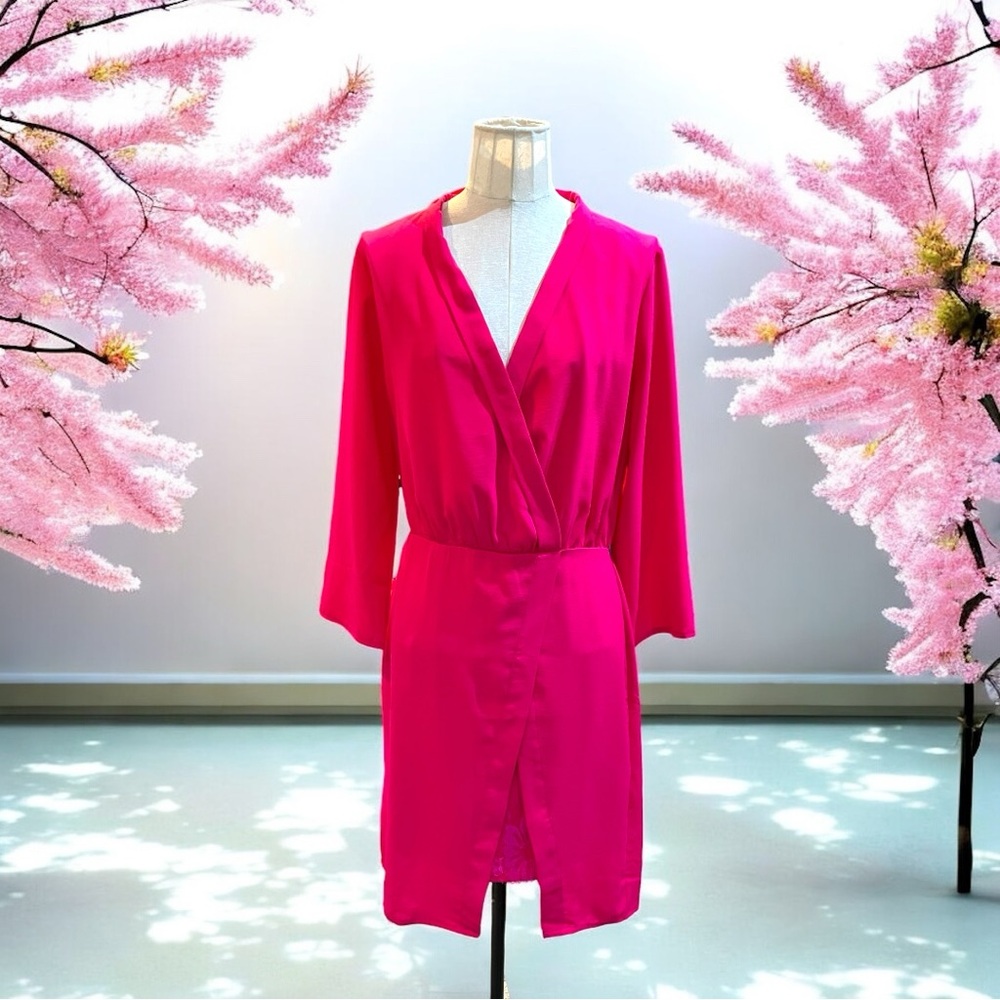 NSR V-neck Fuchsia Hot Pink Dress with Lace Slip Medium